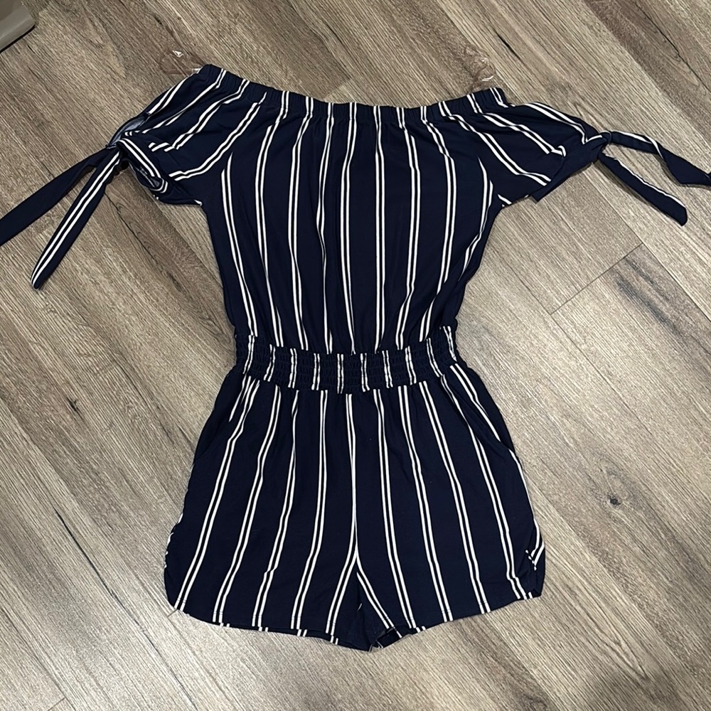 Navy and White Striped Off-Shoulder Romper